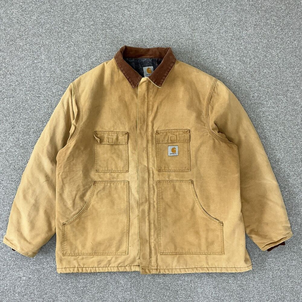 VTG Carhartt Blanket Lined Duck Canvas Chore Jacket Brown Corduroy Collar Mens L